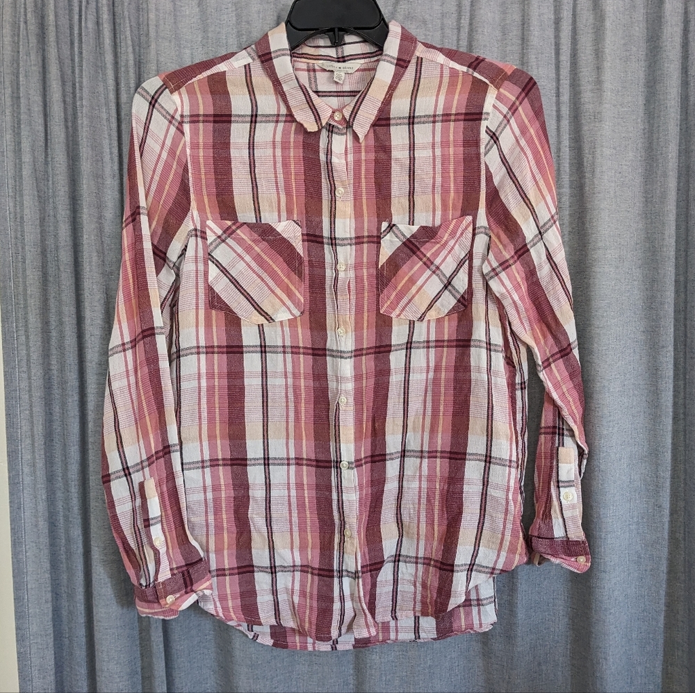 Lucky Brand Top Womens L Pink Plaid Button Up Casual Western Long Sleeve Cowgirl